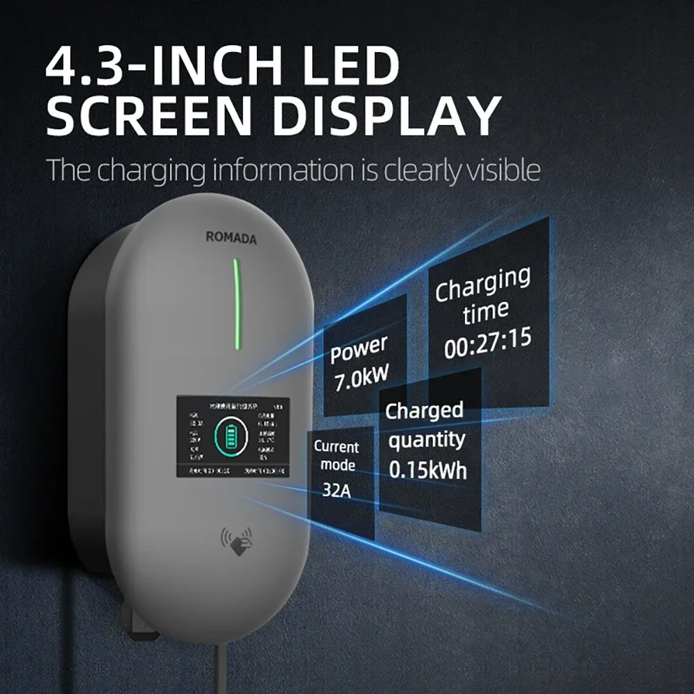 สถานีชาร์จรถยนต์ไฟฟ้า ROMADA 32A เครื่องชาร์จรถยนต์ไฟฟ้า EVSE แบบติดผนัง 7KW สาย Type2 IEC62196 ควบคุมผ่านแอป Bluetooth ﻿