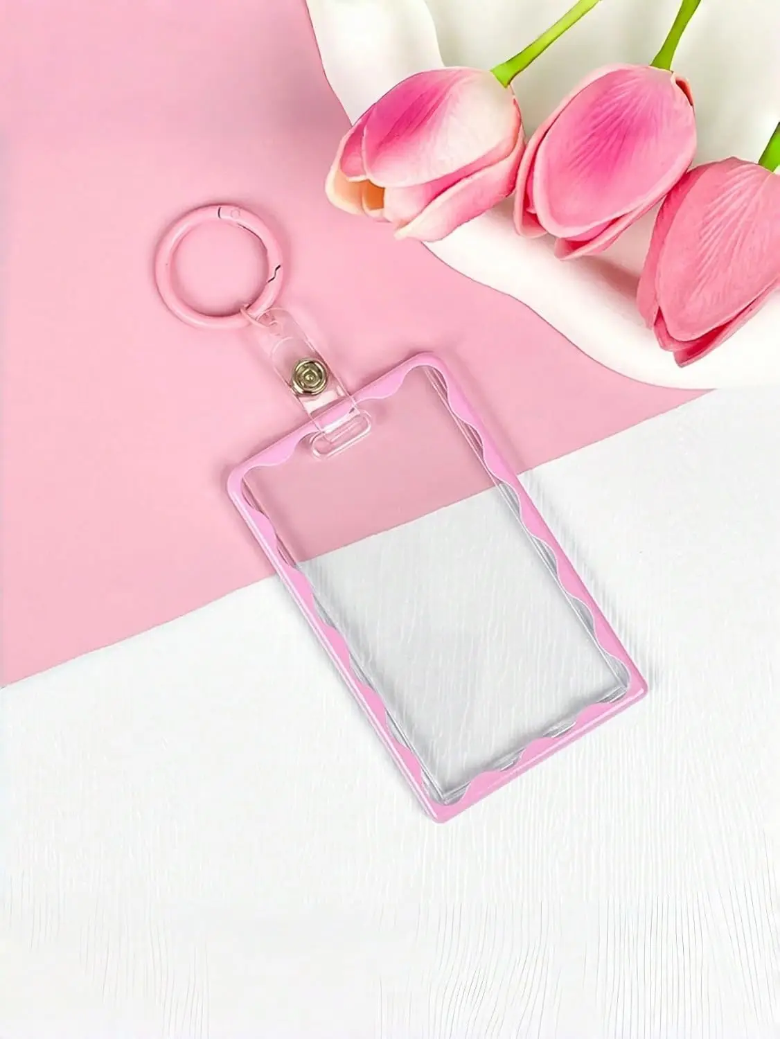 Acrylic Card Holder with Pink Border Keychain Transparent Card Display Protector for Students