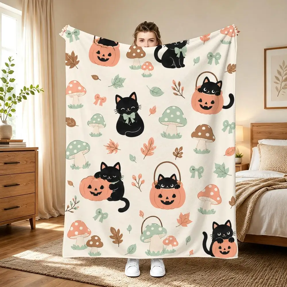 Adorable Cat Pumpkin Halloween Throw 240g flannel blanket, suitable for sofas, beds, offices, exquisite gift blankets