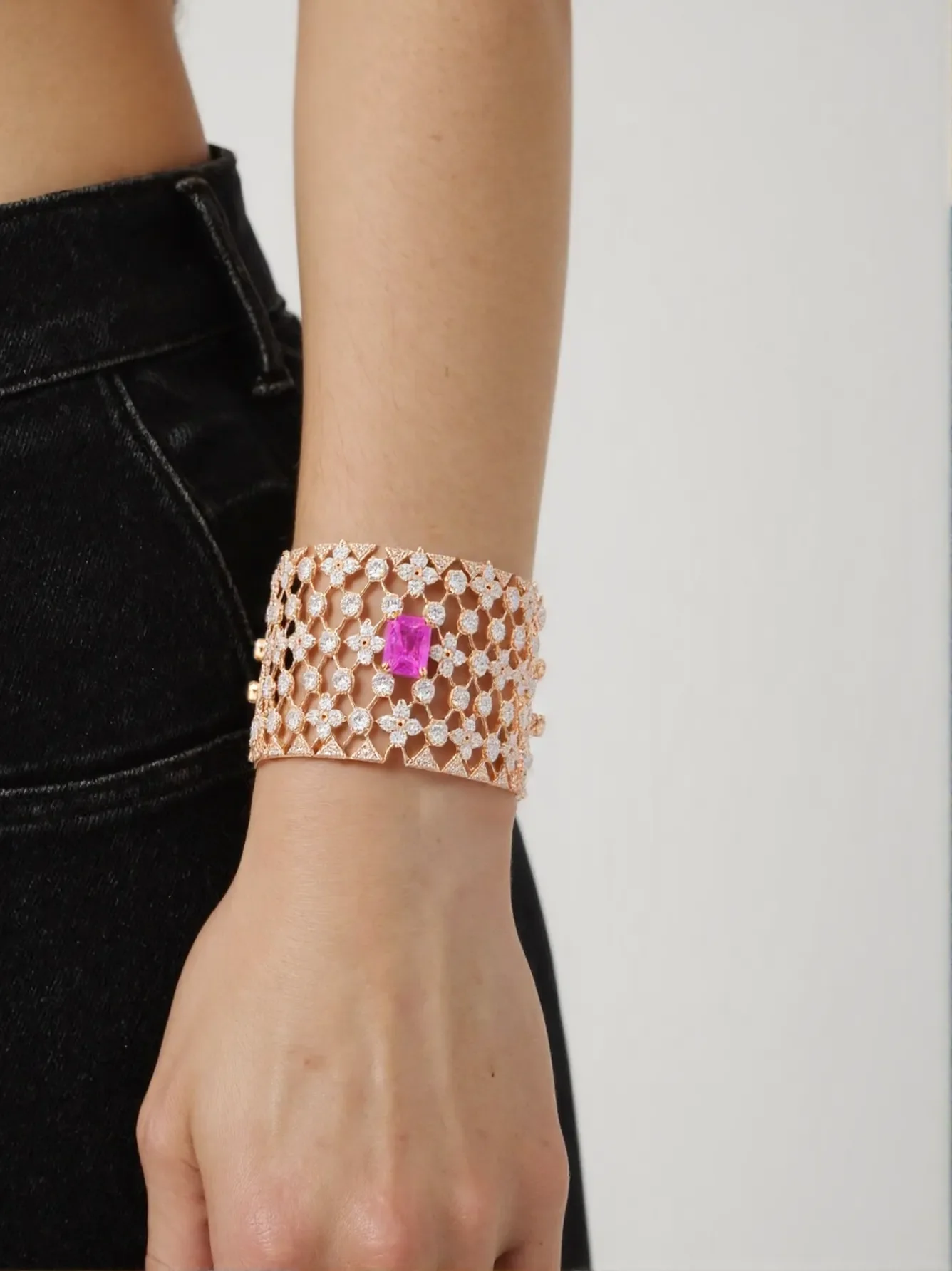 

Gold Mesh Cz Bracelet Pink Diamond Inlay Luxury Layered Women's Jewelry