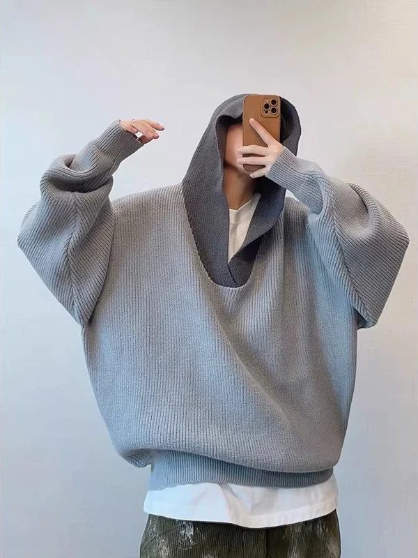 

Мужской свитер свободного кроя с V-образным вырезом, повседневный, комфортный, больших размеров, 300 Pou, для отдыха, с цветными блоками, худи-куртка