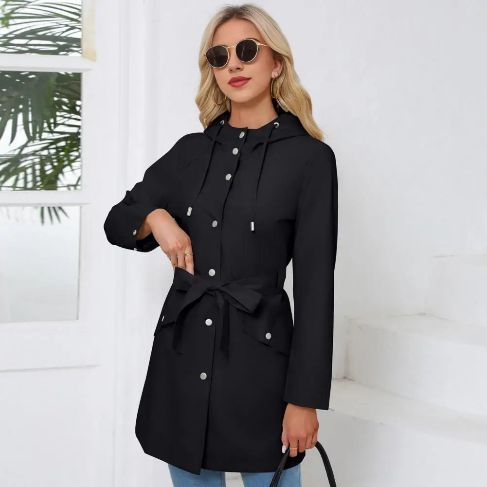 

Long-sleeved Jacket Stylish Women's Lace-up Hooded Trench Coat with Tight Waist Drawstring Fall Winter Outdoor for Fashionable