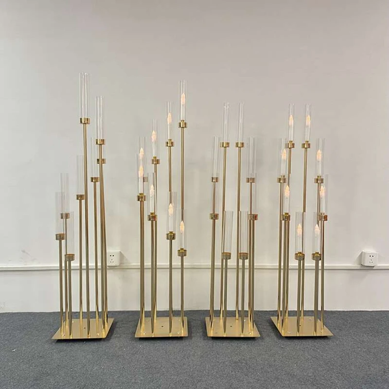 Metal Candelabra for Wedding, Candle Holders, Road Lead, Table Centerpiece, Gold Candelabrum Stand Pillar, 8 Heads