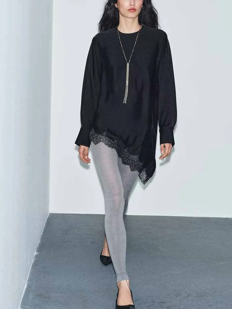 

New European and American style women's fashion simple solid color long-sleeved round neck asymmetrical lace shirt