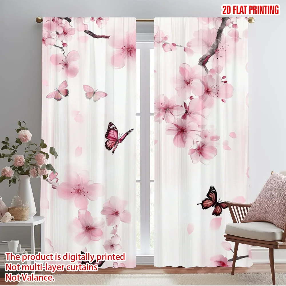 2pcs,2D plane printing Curtains&Window Treatment Butterfly Blossoms Durable 100% Polyester Fabric (without rod) All Seasons Use