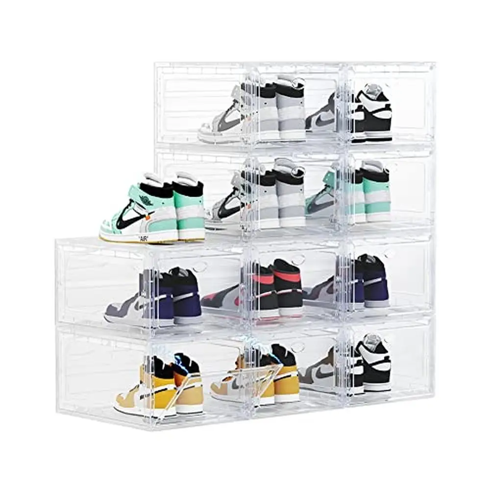 

Stackable Shoe Boxes Clear Plastic Organizer Sneaker 10 Pack US 12 Shoe Storage Closet Magnetic Doors Durable Sturdy Solution