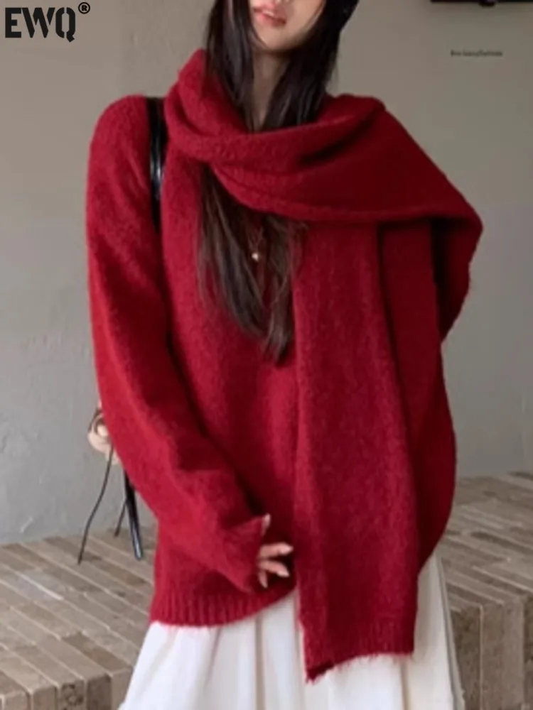 [EWQ] Christmas Style Long Sleeve V-neck Sweater With Scarf Loose All-match Women Winter Red Jumper 2024 Autumn New Tide 16O2990