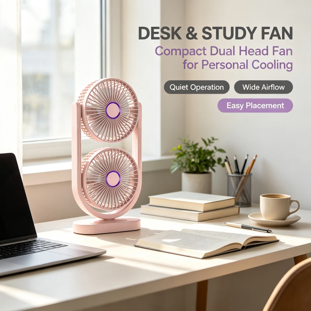 usb充電式デスクトップファン。デュアルヘッドで、5段階の風量調節が可能。ナイトライト付き。屋外でのピクニックや、自宅、オフィスでの使用に最適。