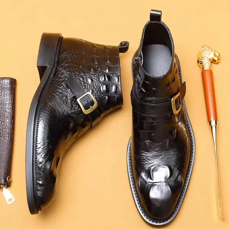High-end Buckle Boots High-top Leather Shoes Men's Crocodile Pattern Ankle Boots Men Short Leather Boots New Chelsea Boots