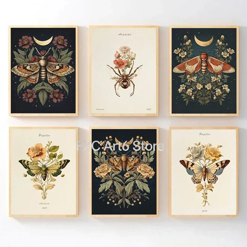 1 Stück rahmenloses Vintage-Poster mit Tier- und Insektenmotiv, Schmetterling, Blume, Leinwandgemälde und Drucke, Wandkunst, ästhetisches Bild für das Wohnzimmer