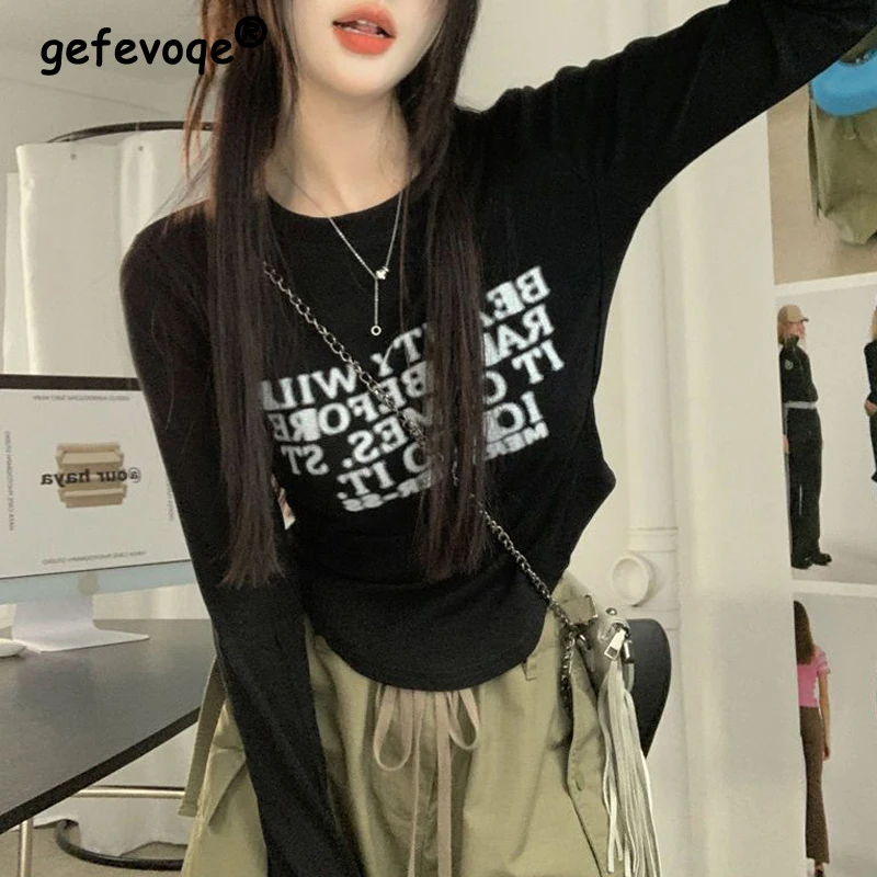 Crop Tops for Women Korean Aesthetic Y2K Harajuku Streetwear Irregular Slim Casual Letter Print Long Sleeve T-shirt Clothes 2023