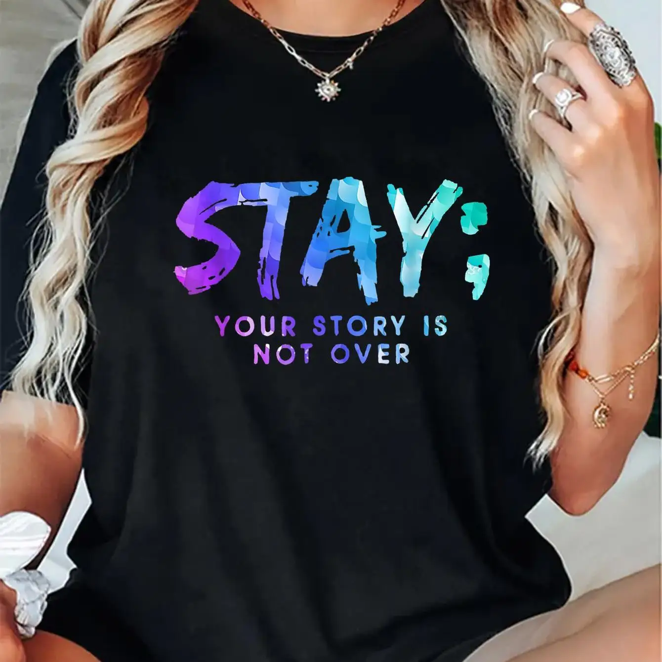 

Women's Mental Health T-Shirt "STAY; Your Story Is Not Over" Semicolon Project Hope Inspirational Gift Top