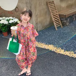 赤ちゃんの女の子の綿の花のボディスーツ、甘いジャンプスーツ、美しい衣装、ルーズ、シングルブレスト、オーバー、子供のオーバーオール、夏、2〜8歳