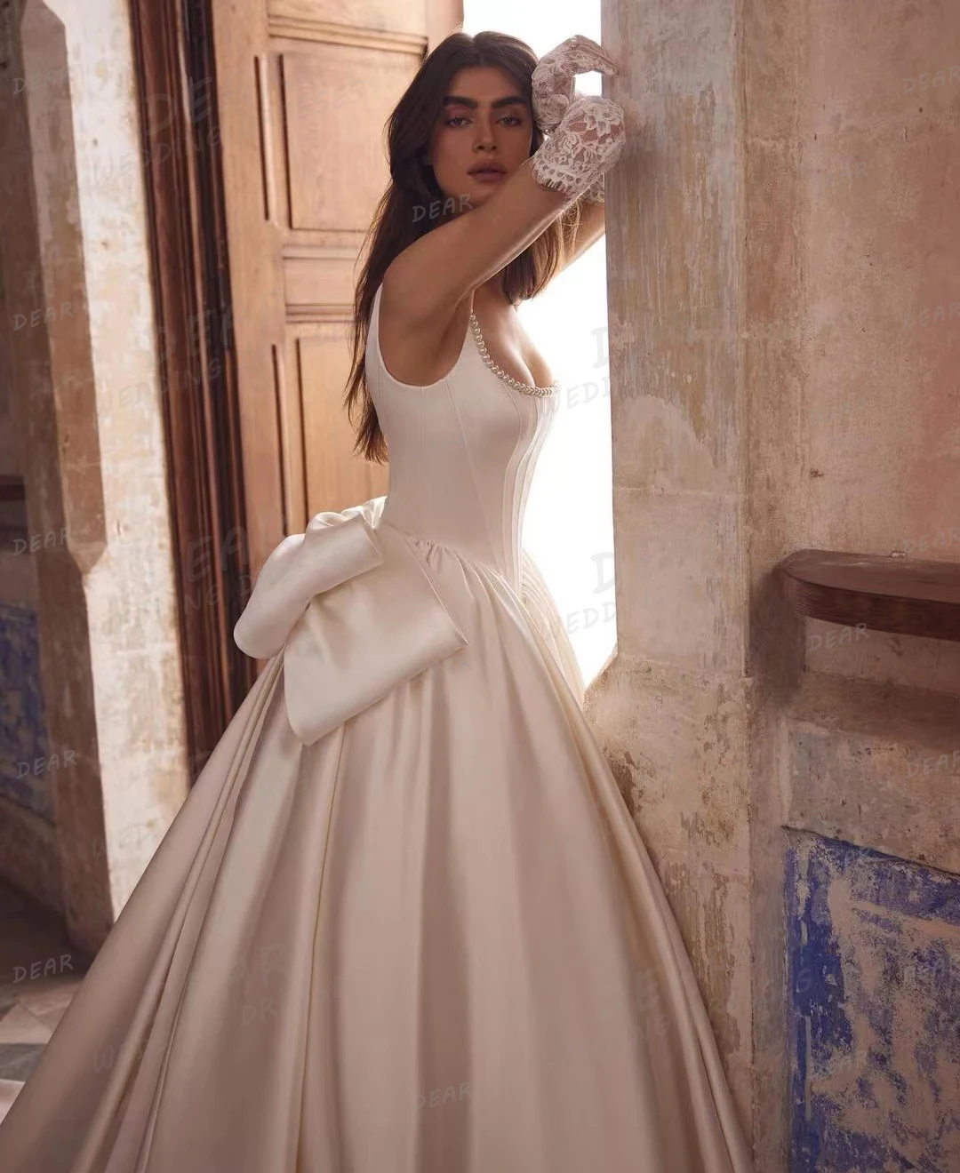 Vestidos de novia con cuentas de lujo para mujer, ropa de boda de línea A, Sexy, con cuello de barco, con lazo para baile de novia, plisado, de satén, Formal, elegante, sin mangas, 2024