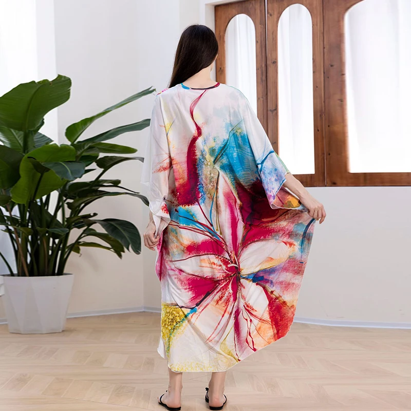 Robe Maxi à Fleurs Abstraites pour Femme, Tenue de Style Boho Artistique, Longue et Colorée, Caftan avec Interconnexion Florale