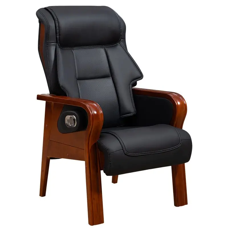Leather boss chair office chair solid wood chair, stable four feet can lie down comfortably seat business home computer chair