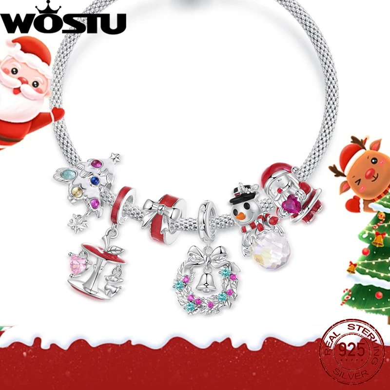 WOSTU 925 Sterling Silver Christmas Tree Charm Santa Claus Bead Snowman Pendant Original Fit for Women Gift DIY Fine Jewelry
