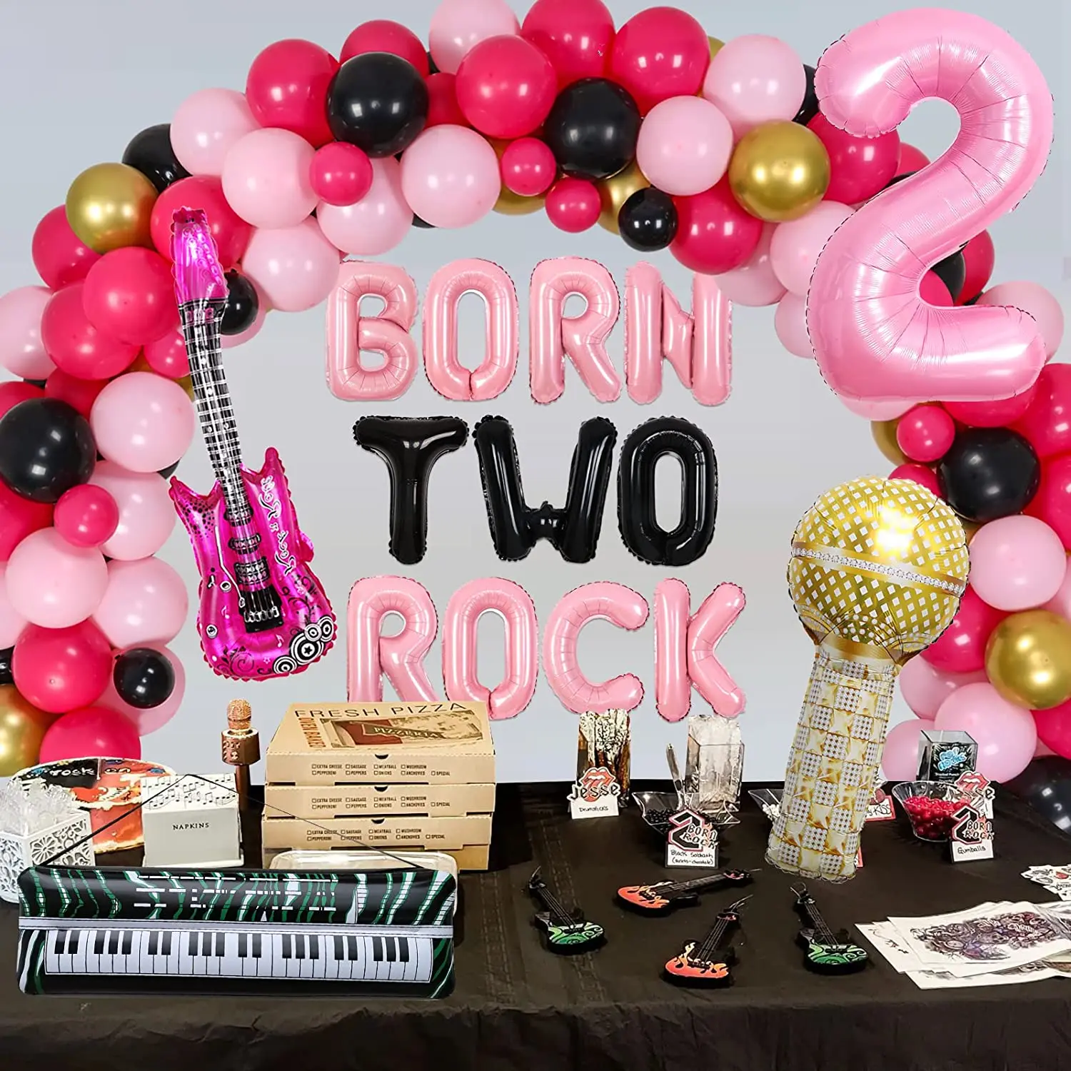 Imagem -06 - Nascido Dois Rock Decorações de Aniversário para Menina Rock And Roll 2nd Birthday Party Supplies Rosa Preto Rock Tema Balão Garland Kit