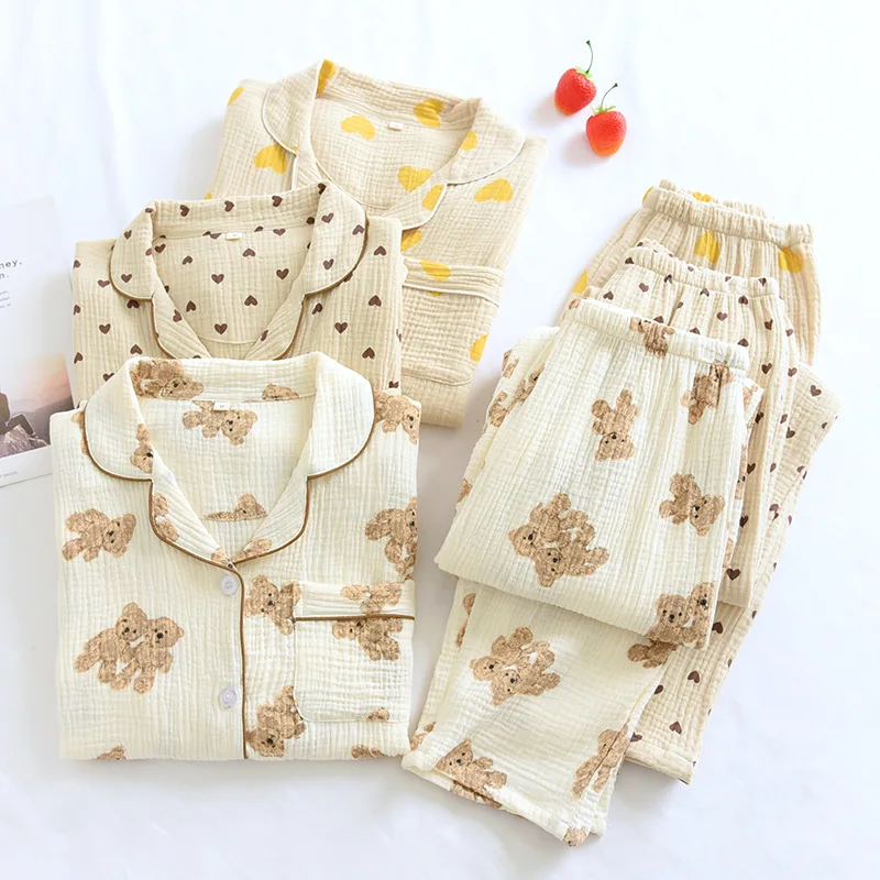 

Cotton Crepe Pajamas Women's Double-layer Gauze Loose Sweat-absorbing Set Autumn Long Sleeved Pants 2PCS Peach Heart Loungewear