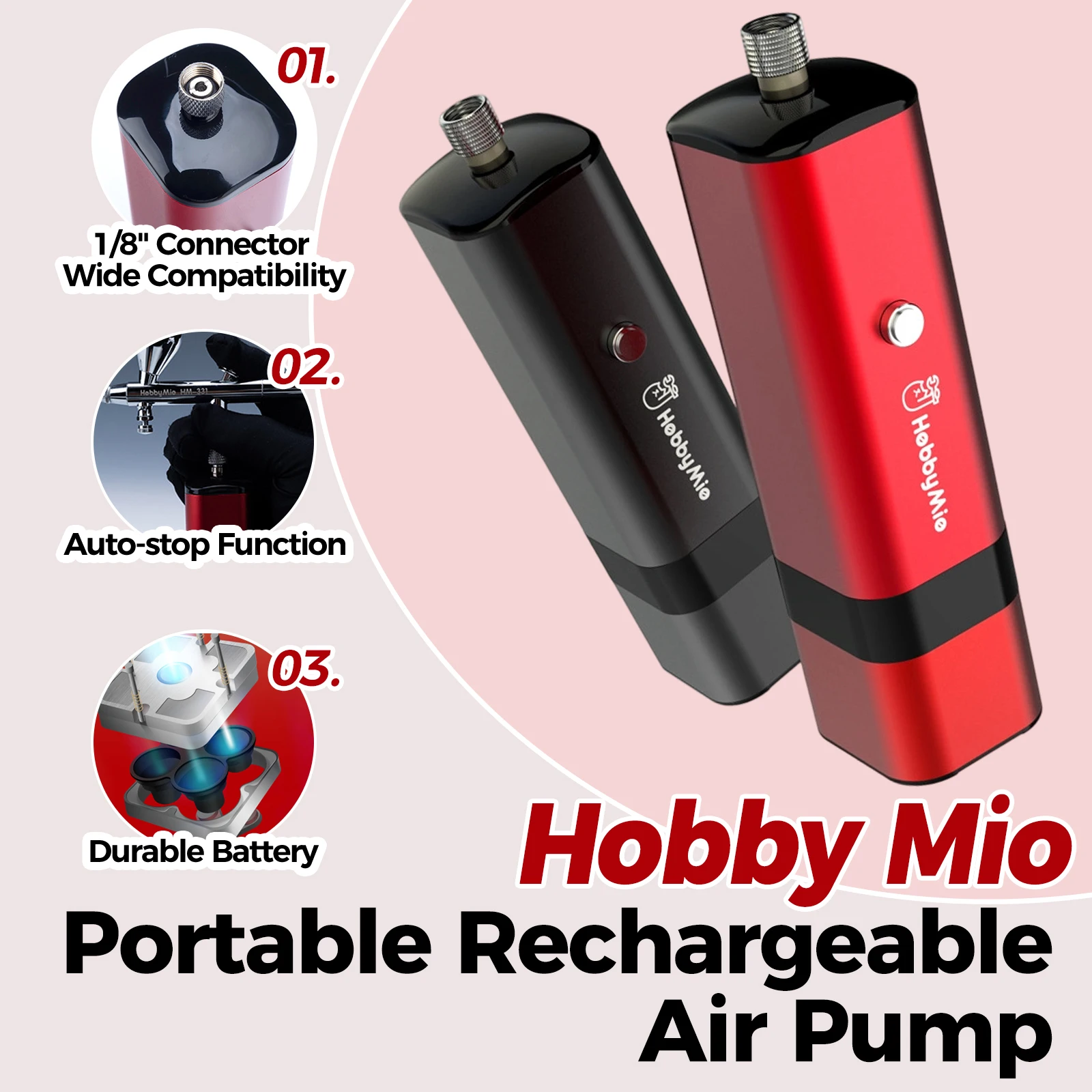 

HobbyMio HM-02 PRO Portable Airbrush Kit Air Compressor Rechargeable Auto-stop Pump for Gundam Model Spraying Painting DIY Craft