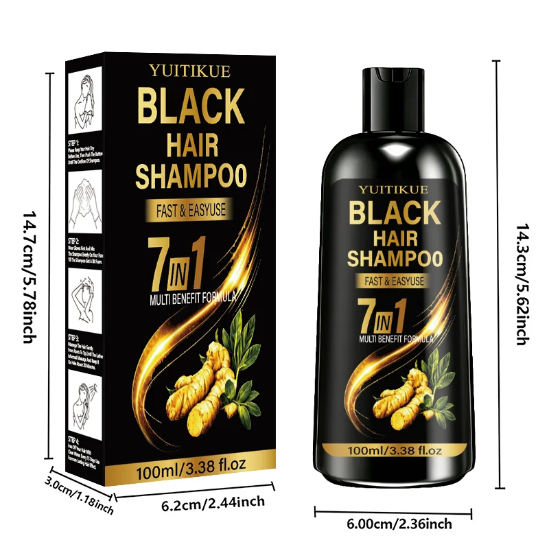 YUITIKUE 7 In 1 Black Hair Dye Shampoo 100ml Ginger Formula Fast Easy Use Multi Benefit Gentle Hair Coloring Shampoo