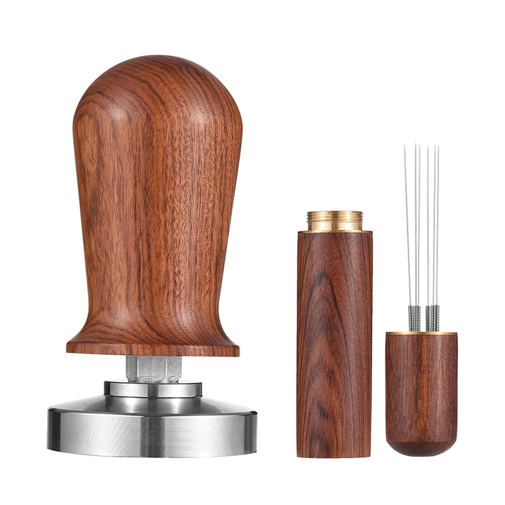 

51mm Espresso Tamper Stirrer Set Coffee Calibrated Tamper with Spring Loaded Flat 304 Stainless Steel Base Barista Wooden Press