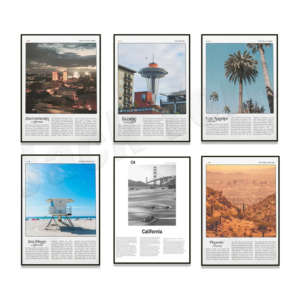 San Diego, San Antonio, Sacramento, Árbol Josué, Los Ángeles, Ciudad de Nueva York, Chicago, Miami, Seattle, Nueva York, poste de viaje de EE. UU.