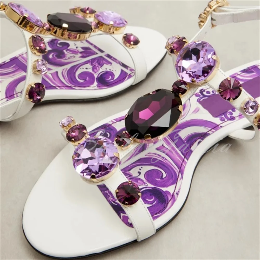 Luxury Diamond Crystal Decor Modern Sandals Women Open Toe Purple and White Chunky Heel Ankle Strap Summer New Dress Shoes view 3