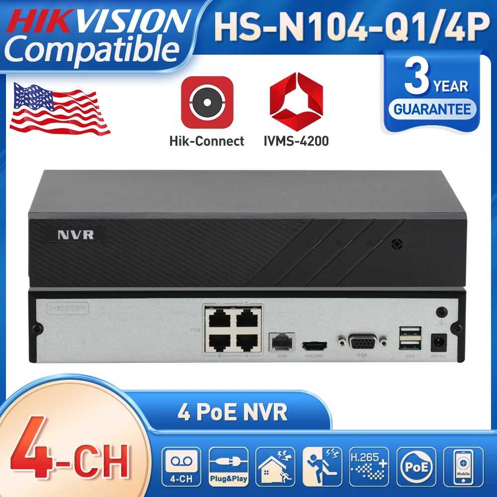 

Hikvision Compatible 4-ch Mini 1U 4 PoE NVR for 6/4/3MP IP Camera H.265+ Motion Detection Hik-connect 1 SATA Up to 6TB CCTV Home