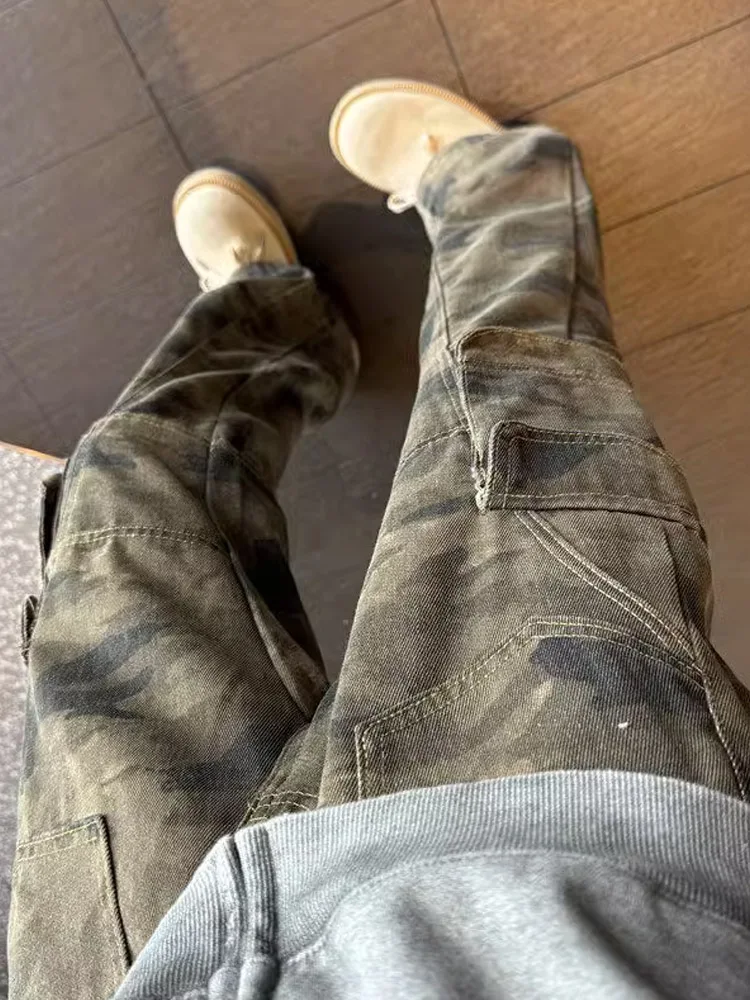 Amerikanische Retro-Camouflage-Arbeitshose für Herren, Herbst und Winter, schlanke, gerade Leggings, Hose mit weitem Bein und mehreren Taschen, Jugendtrend