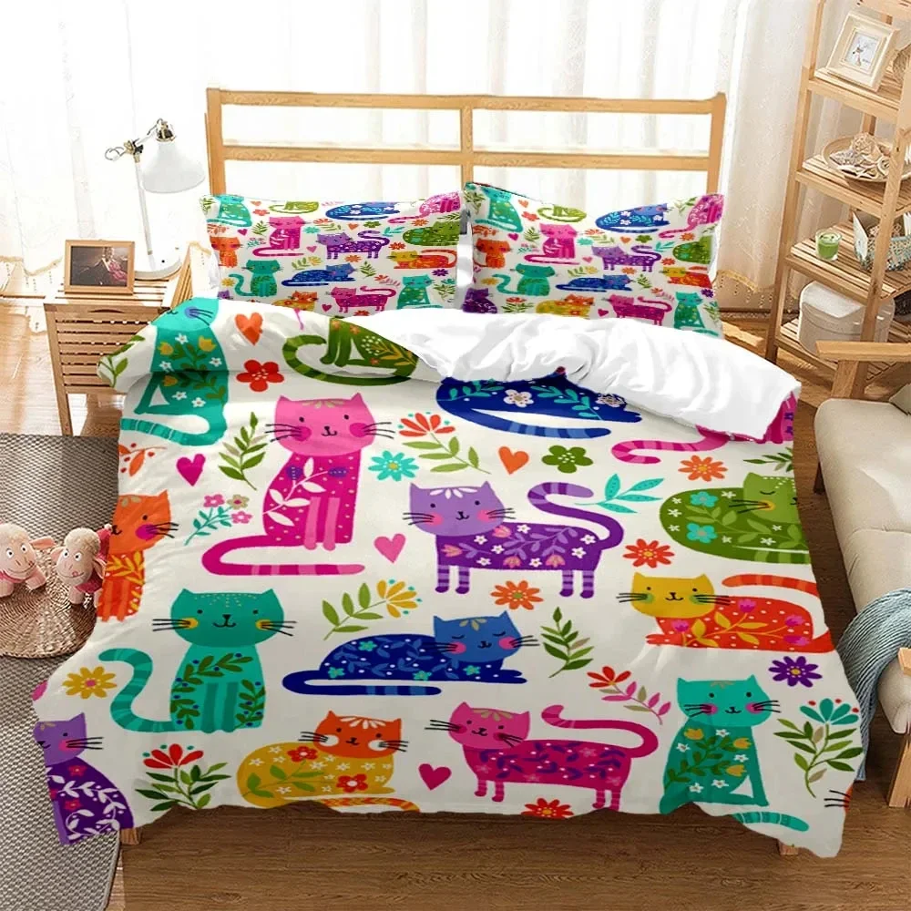 Cute Cat Print Quilt Cover Pillow Cover bedding set luxury Queen bedding set Cute style Customized Boys bedding set