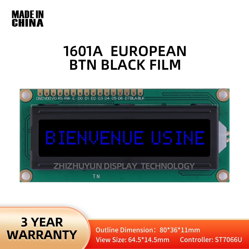 Monitor LCD europeu, filme preto BTN, letra azul, caráter da matriz do ponto 16X1, tela do brilho alto, ST7066U, LCD1601A