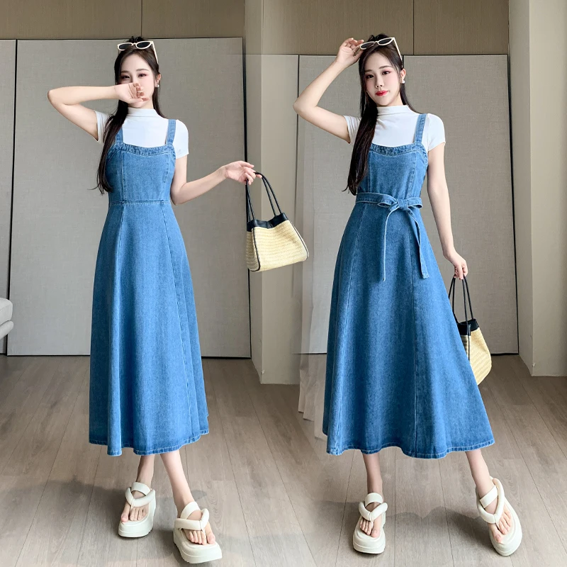 Spring Summer Women Suspender Denim Dress Korean Style Sleeveless Slim Fit Mid-Length A-Line Jean Strap Dress