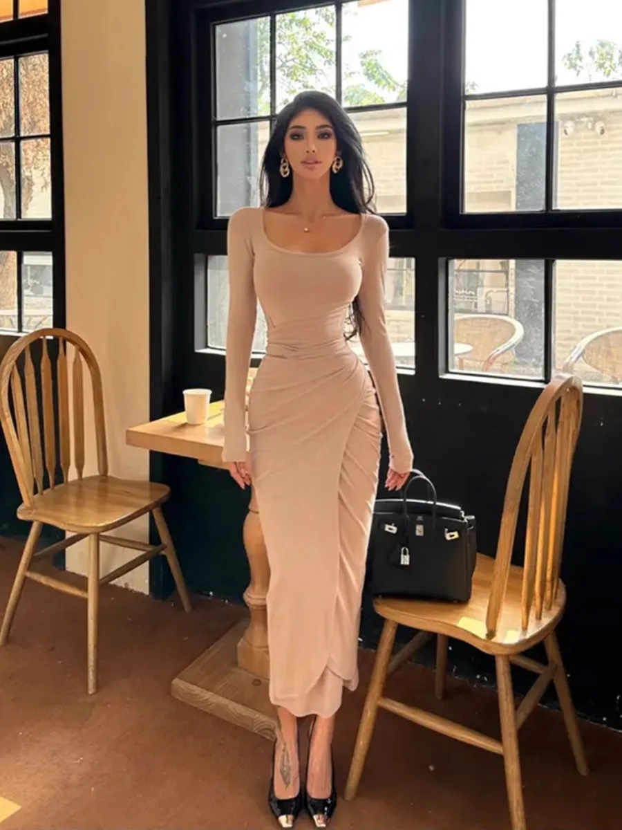 Vestidos de manga comprida feminino casamento civil primavera chiffon plissado babado all-match cintura solta estilo minimalista multicolorido