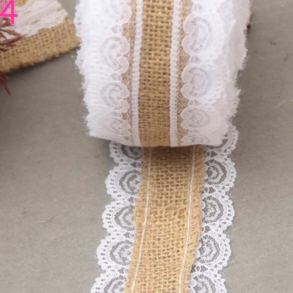 2 Yards Jute Trim Burlap Ribbon, 10 Meters Natural Fringe Tape with Lace for Vintage/Rustic Themed Wedding Craft 4F