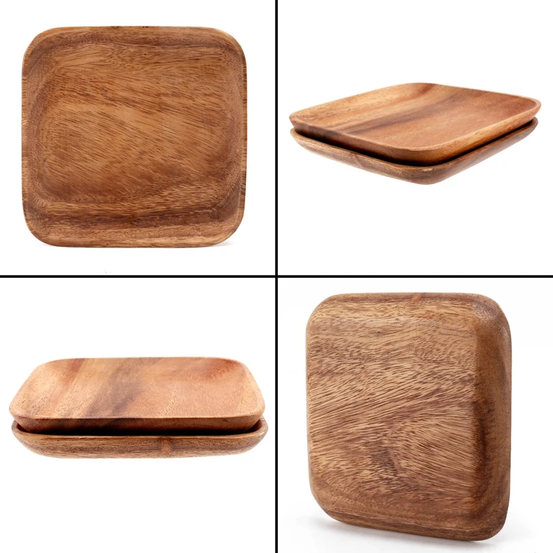 HOT SALE 2 Pieces Square Acacia Wood Serving Tray For Home Decor,Wood Platters & Dish Plates For Fruits,Cupcakes,Sushi,Food