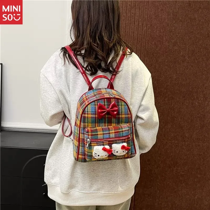 Miniso Retro Red Plaid Hello Kitty Backpack, Cute Bow Mini School Bag for Students & Girls