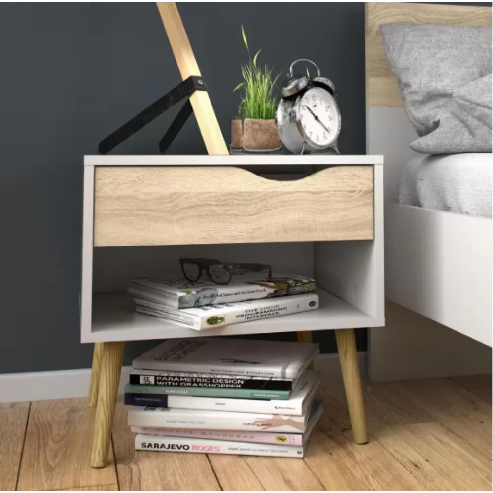 

1-Drawer White，Oak Structure Nightstand，has a handy open shelf to hold all your must-read books and nighttime essentials