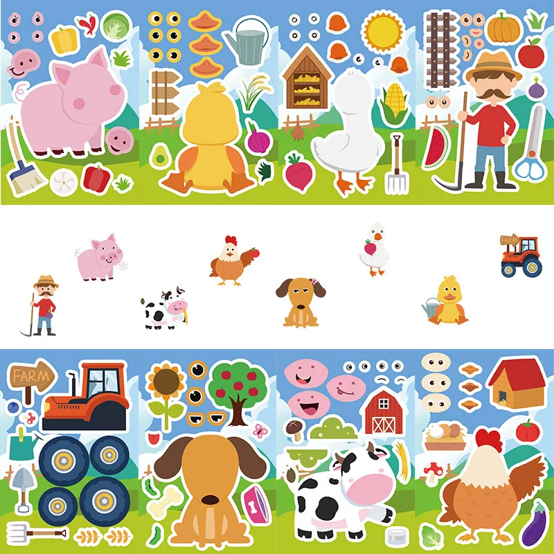 8/16Sheets Animal Farm Make a Face Puzzle Stickers Kids Funny Professional Dress Change Cartoon DIY Decals Boys Girls Party Toys