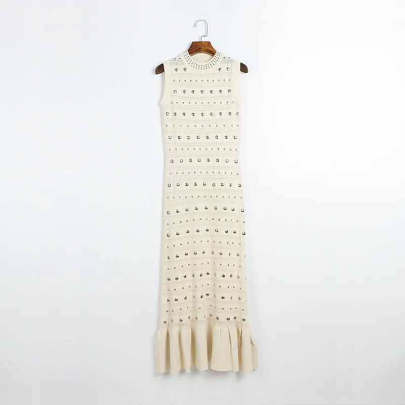 

Черно-белое вязаное длинное платье без рукавов с круглым вырезом, женское высококачественное винтажное роскошное элегантное платье-жилет с рюшами и заклепками