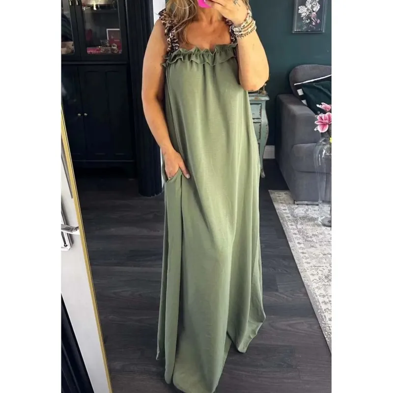 2025 Summer Boho Leopard Print Suspender dress Casual Pocket Long Skirt Loose A-line Large Hem Dresses Beach Party Robe Femme