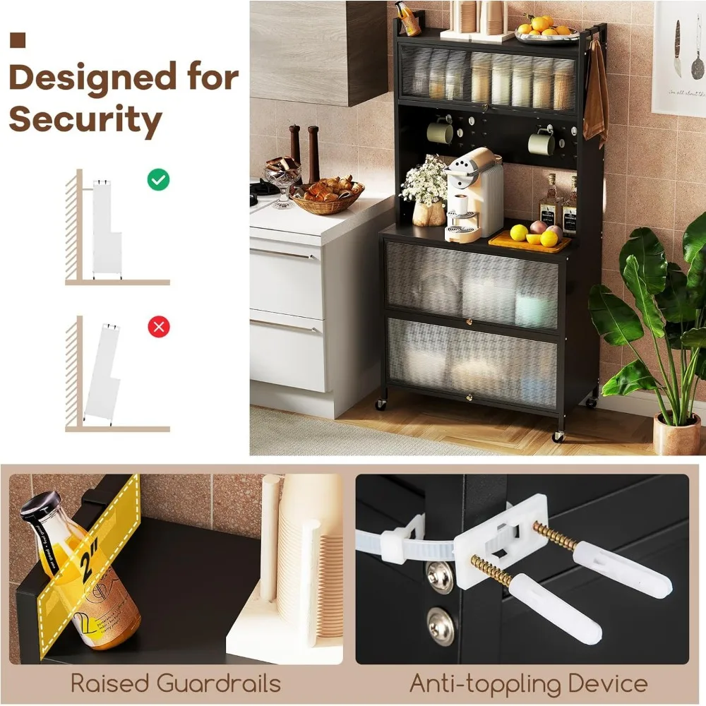 5-Tier Rolling Kitchen Baker's Rack with Wheels, Microwave Stand, Flip Door Cabinets, Pegboard Hooks, Adjustable Storage Solutio