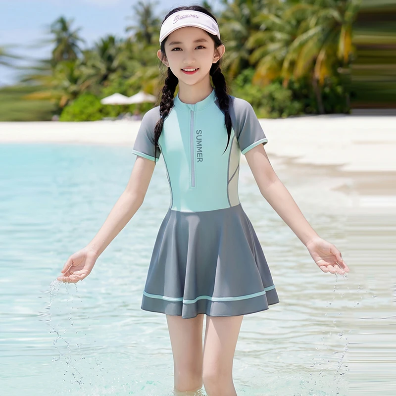 Teen Girl Swimwear Skirted One-Piece Swimsuit Short Sleeve Swimdress Children Boyshort Quick Dry Bathing Suit Girls Beach Pool