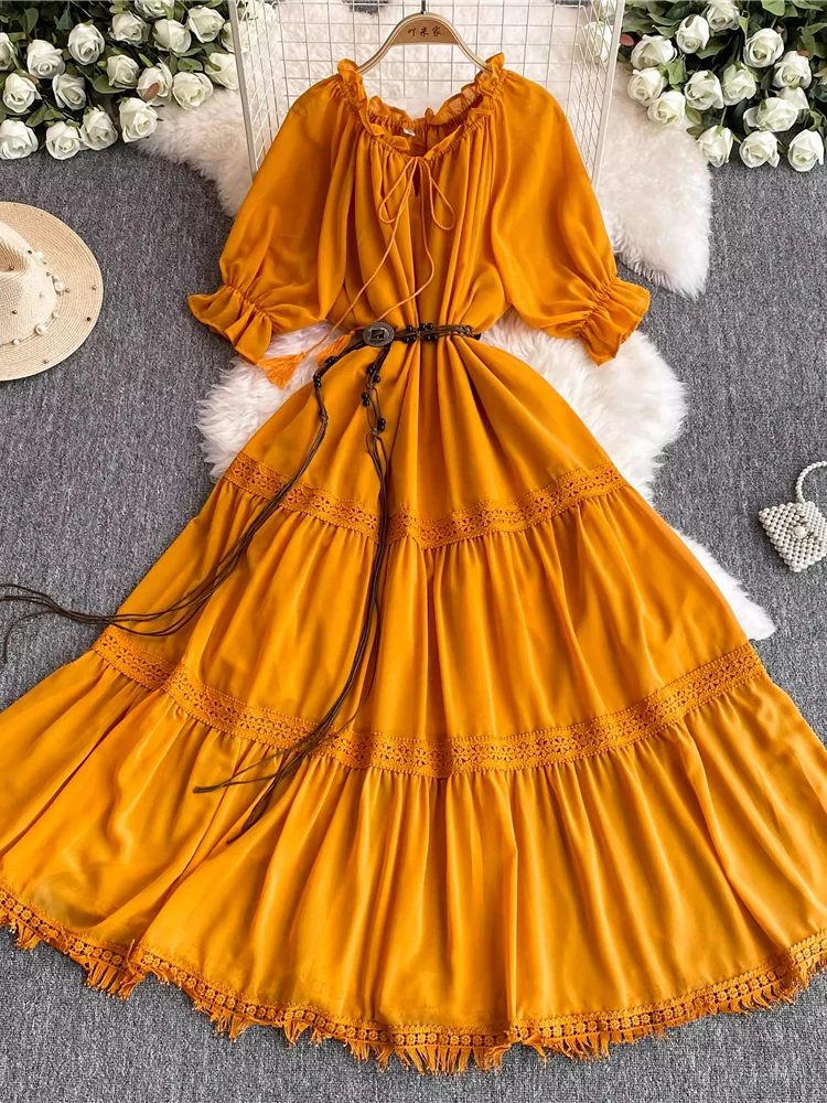 

Summer Women Yellow/Red/White Tassel Patchwork Long Dress Vintage Short Flare Sleeve High Waist A-Line Maxi Vestidos Female New