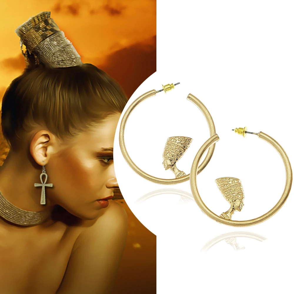 Ancient Egyptian Queen Nefertiti Hoop Earrings Amulet Halloween Goth Punk Rock Ear Pendants Fashion Jewelry Women Accessories