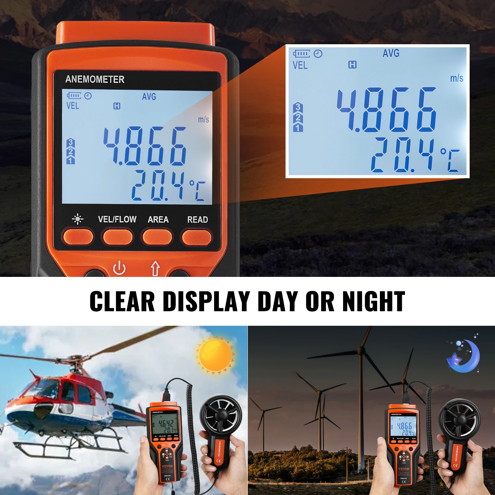 VEVOR Split Handheld Anemometer Digital Wind Speed CFM Meter Gauge Measures Wind Velocity Wind Temperature Air Flow Wind Chill