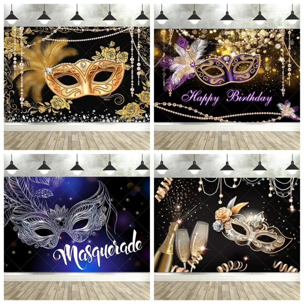 

Vintage black and gold mask for birthday party photography background, champagne glass photography background family gatherings