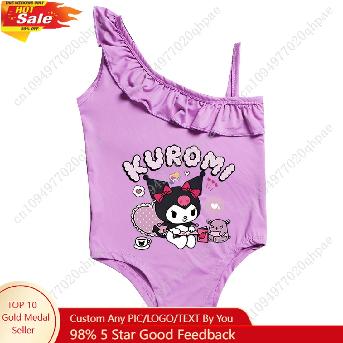 

Kuromi Girl's Halter Top Swimsuit Ruffled Collar and Sleeveless Bathing Suit Quick-drying and Soft Swimwear