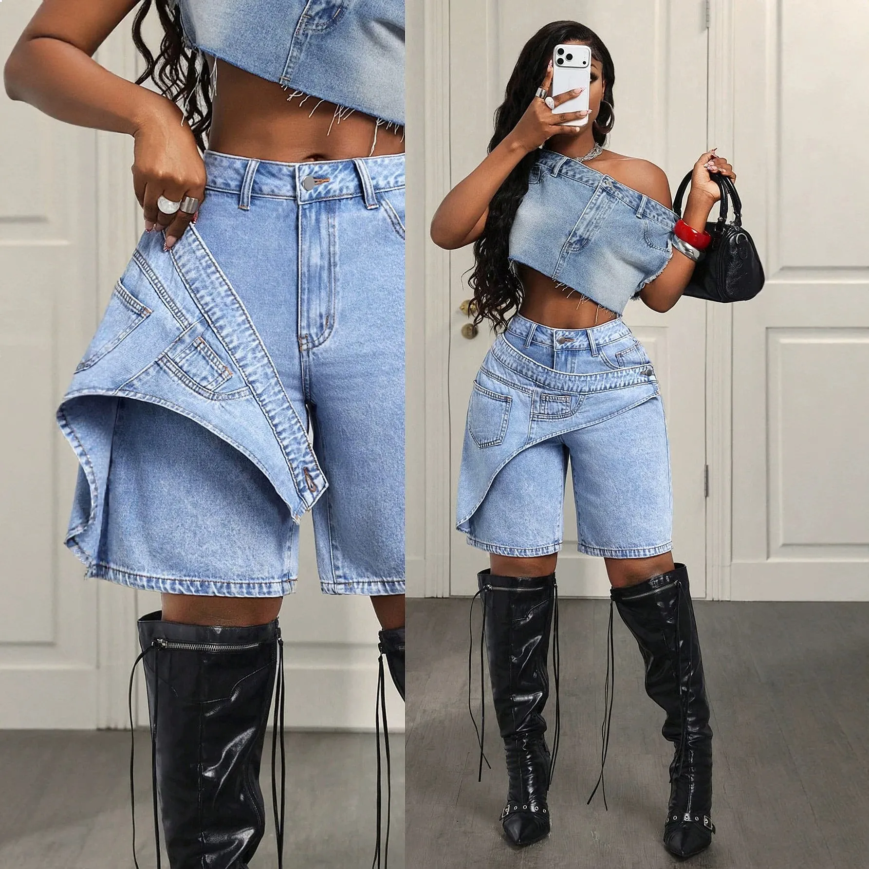 88-Spot-66663 #Amazon cross-border European and American pockets double waist women's denim shorts five-point pants breeches