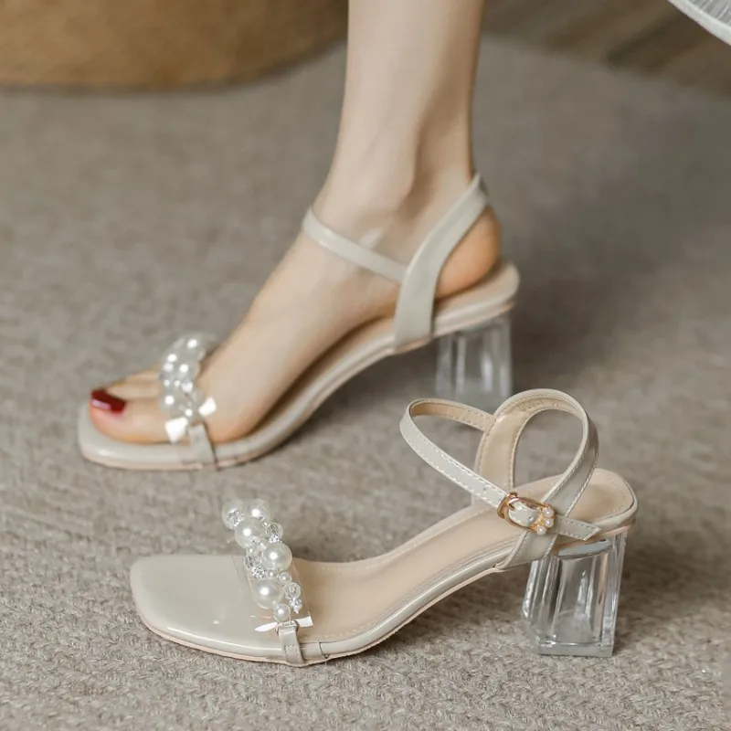 

Summer Fahsion Sandals Women 2024 New Pearl High Heels Slippers Girls Crystal Heel Summer Shoes Trendy Slides Transparent Sandal